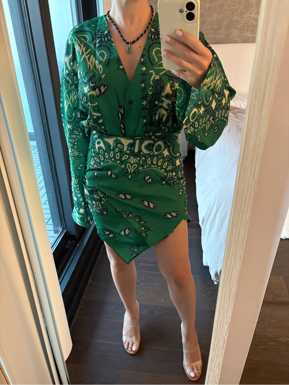 New The ATTICO Inspired Green Bandana Printed V-Neck Wrap Mini Dress. Size S/M